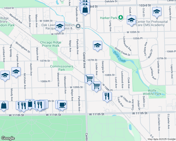 map of restaurants, bars, coffee shops, grocery stores, and more near 10720 South Washington Street in Oak Lawn