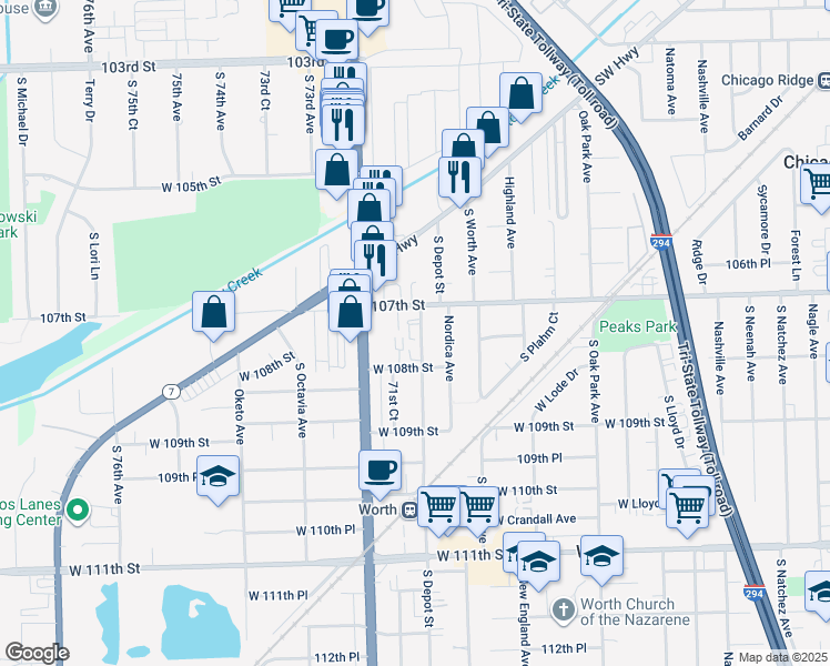 map of restaurants, bars, coffee shops, grocery stores, and more near 10707 South Depot Street in Worth