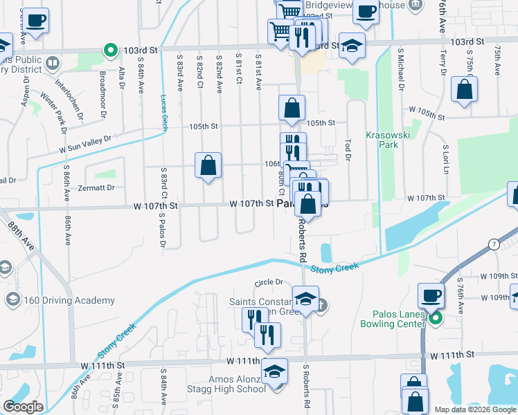 map of restaurants, bars, coffee shops, grocery stores, and more near 8030 West 107th Street in Palos Hills