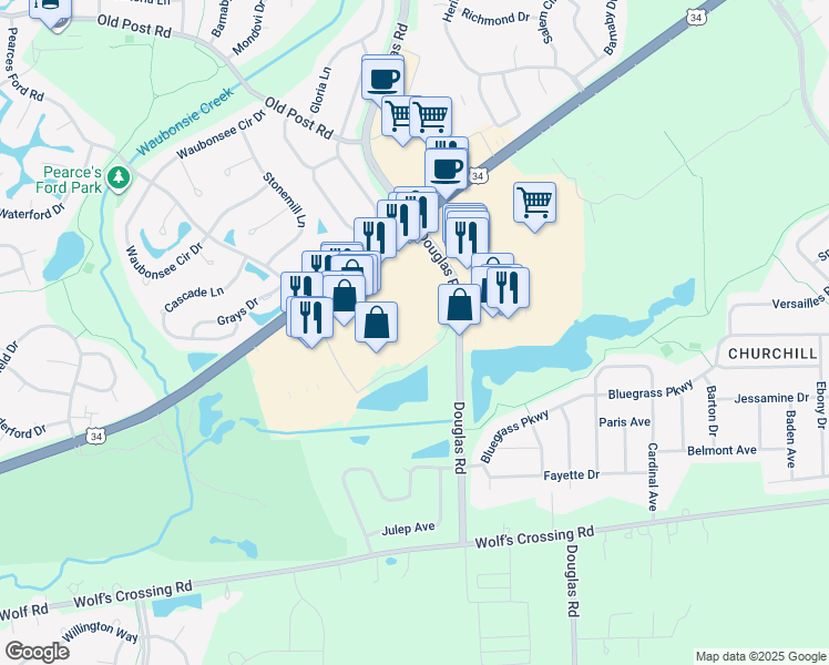 map of restaurants, bars, coffee shops, grocery stores, and more near 3020 U.S. Route 34 in Oswego