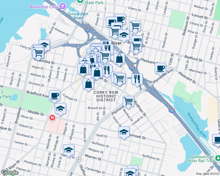 map of restaurants, bars, coffee shops, grocery stores, and more near 208 Rodman Street in Fall River