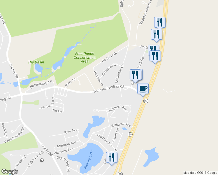 map of restaurants, bars, coffee shops, grocery stores, and more near 61 Barlows Landing Road in Bourne