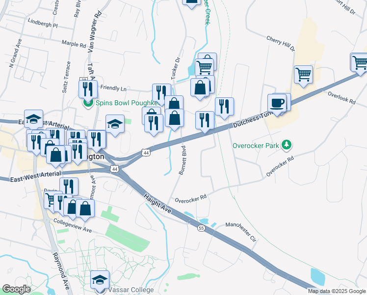 map of restaurants, bars, coffee shops, grocery stores, and more near 4 Burnett Boulevard in Poughkeepsie