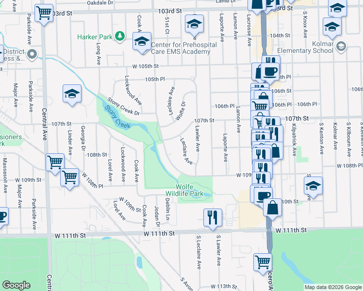 map of restaurants, bars, coffee shops, grocery stores, and more near 10724 Leclaire Avenue in Oak Lawn