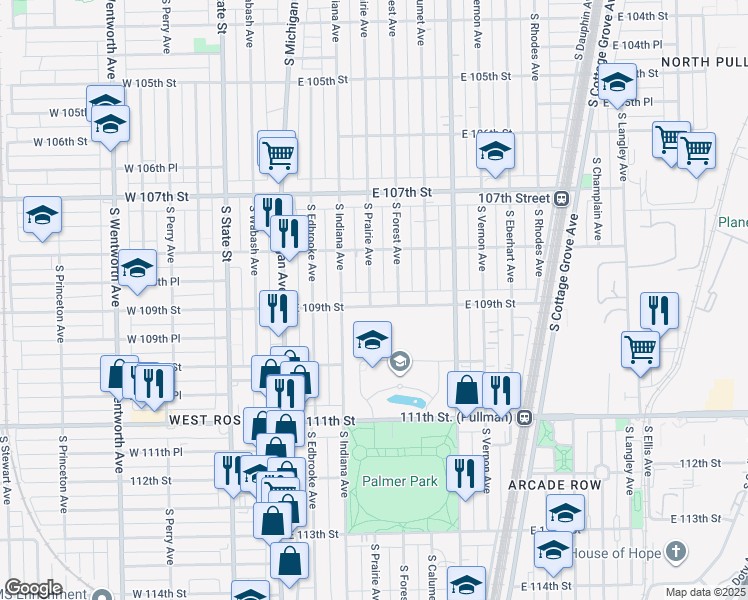 map of restaurants, bars, coffee shops, grocery stores, and more near 10840 South Forest Avenue in Chicago