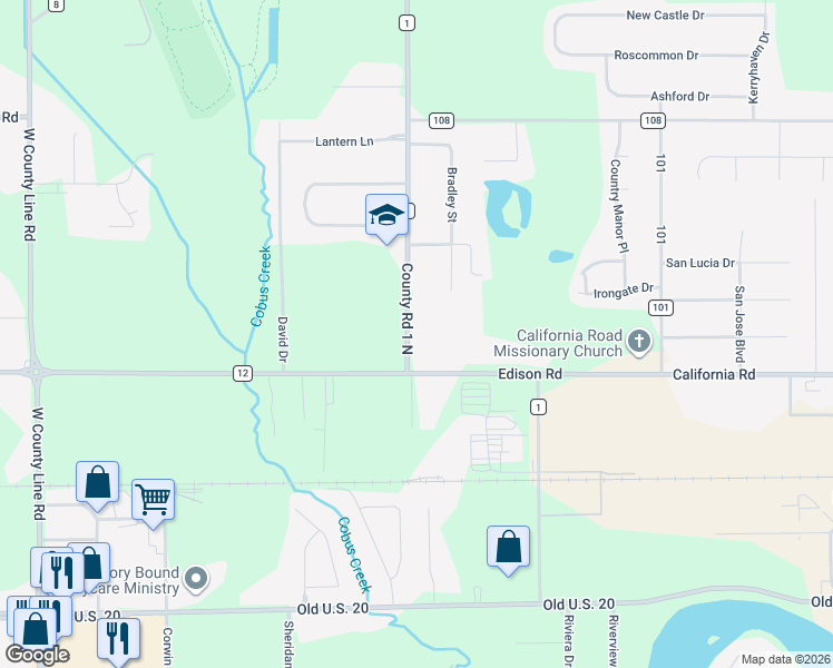 map of restaurants, bars, coffee shops, grocery stores, and more near 54864 County Road 1 in Elkhart