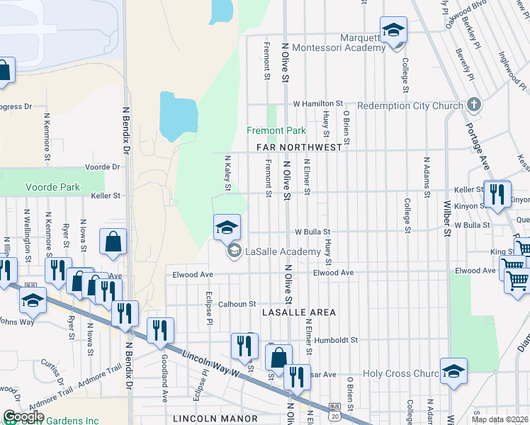 map of restaurants, bars, coffee shops, grocery stores, and more near 1650 Fremont Street in South Bend