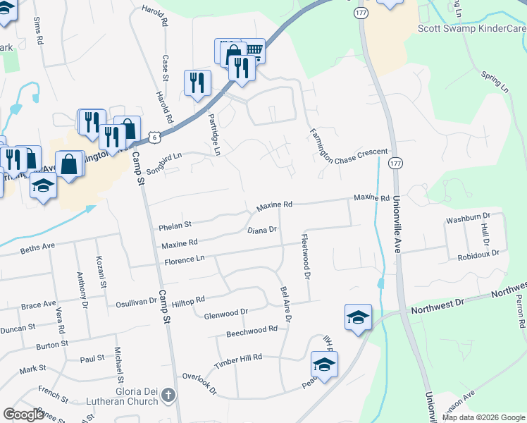 map of restaurants, bars, coffee shops, grocery stores, and more near 35 Maxine Road in Plainville