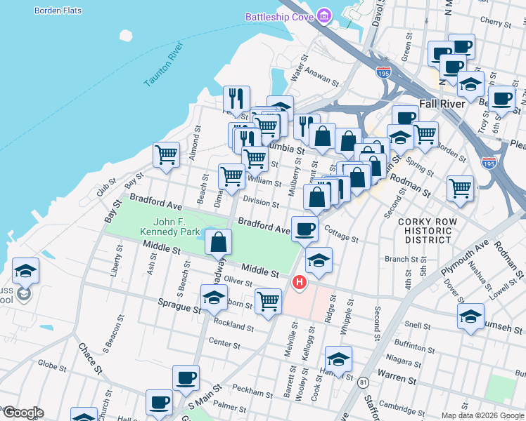 map of restaurants, bars, coffee shops, grocery stores, and more near 423 Division Street in Fall River