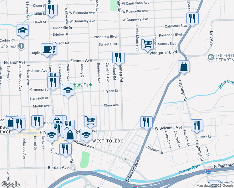map of restaurants, bars, coffee shops, grocery stores, and more near 4300-4474 Bennett Road in Toledo