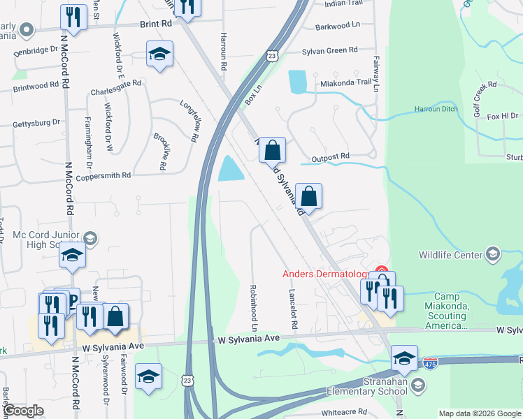 map of restaurants, bars, coffee shops, grocery stores, and more near 4422 Lancelot Road in Toledo