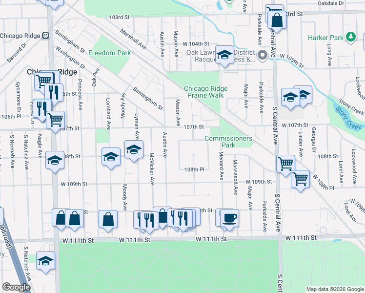 map of restaurants, bars, coffee shops, grocery stores, and more near 5924 107th Place in Chicago Ridge