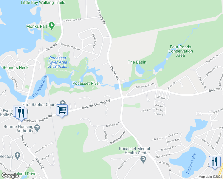 map of restaurants, bars, coffee shops, grocery stores, and more near 710 County Road in Bourne
