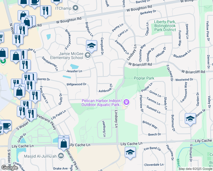 map of restaurants, bars, coffee shops, grocery stores, and more near 1008 Ashbrook Circle in Bolingbrook