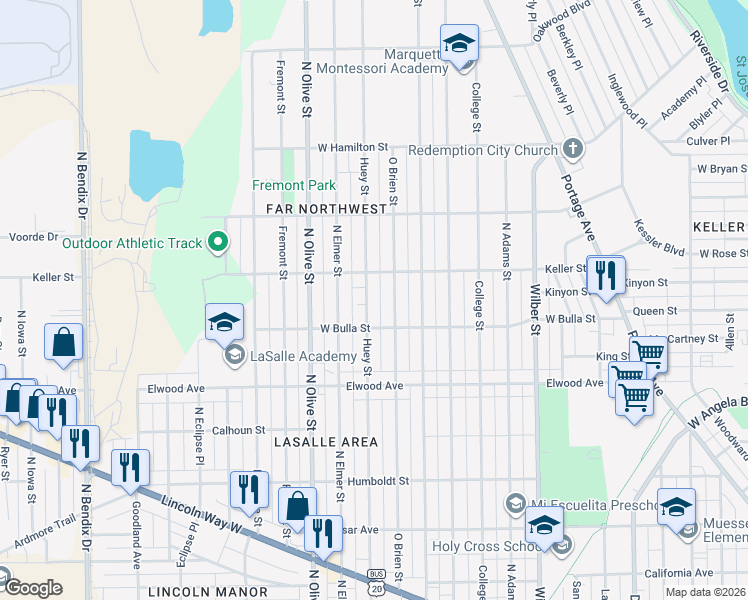 map of restaurants, bars, coffee shops, grocery stores, and more near 1647 Huey Street in South Bend