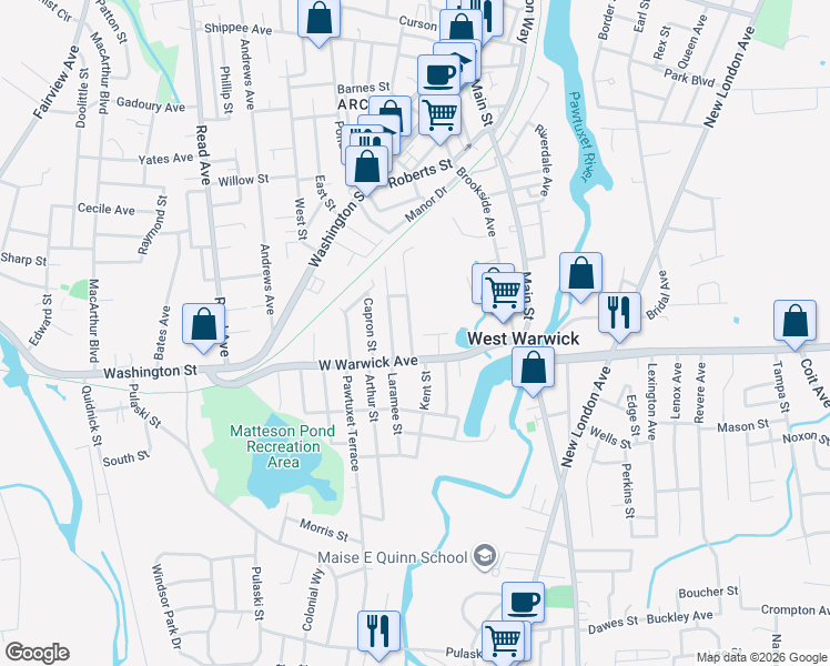 map of restaurants, bars, coffee shops, grocery stores, and more near 13 Winthrop Avenue in West Warwick