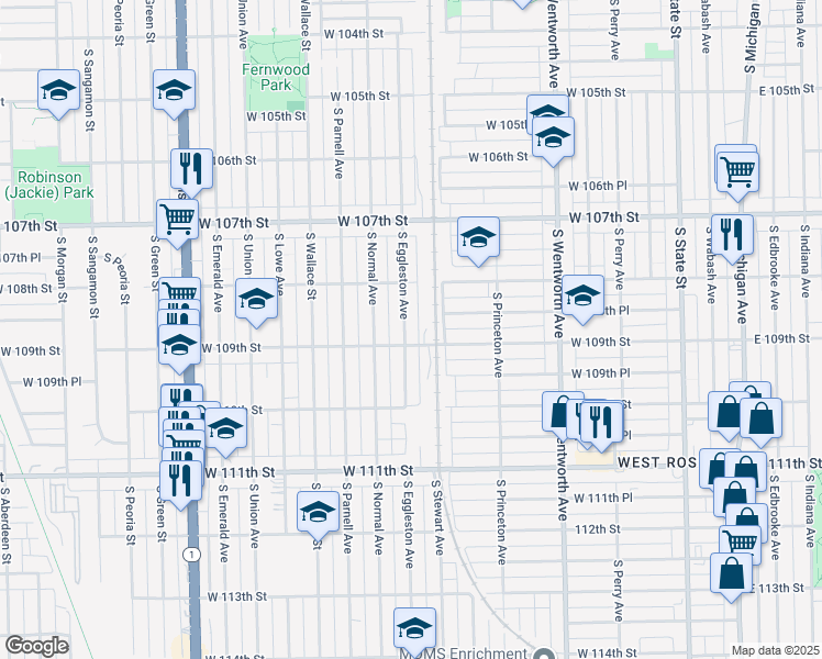map of restaurants, bars, coffee shops, grocery stores, and more near 10828 South Eggleston Avenue in Chicago