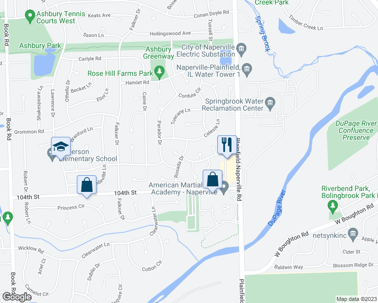 map of restaurants, bars, coffee shops, grocery stores, and more near 3812 Rosada Drive in Naperville