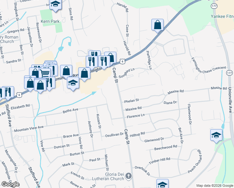 map of restaurants, bars, coffee shops, grocery stores, and more near 1 Junior Road in Farmington