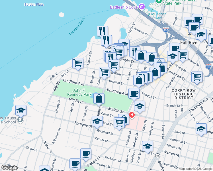 map of restaurants, bars, coffee shops, grocery stores, and more near 318 Broadway in Fall River