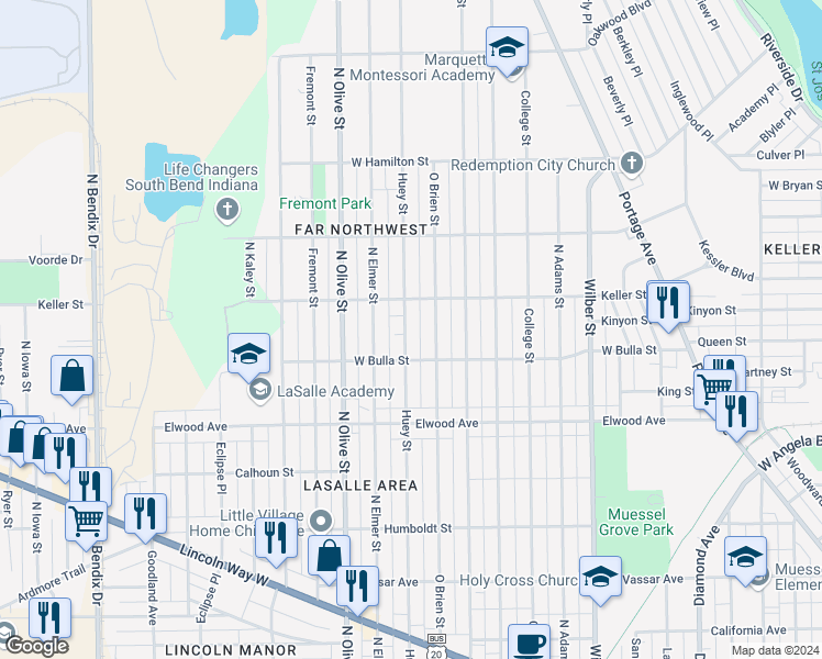map of restaurants, bars, coffee shops, grocery stores, and more near 1647 Huey Street in South Bend