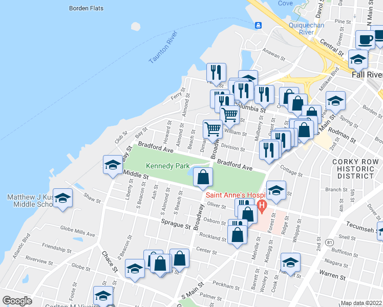 map of restaurants, bars, coffee shops, grocery stores, and more near 268 Bradford Avenue in Fall River