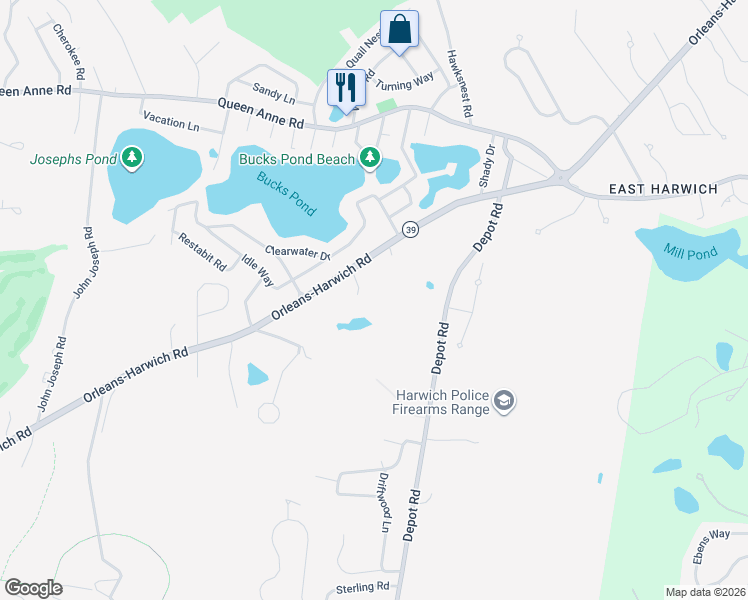 map of restaurants, bars, coffee shops, grocery stores, and more near 1193 Orleans-Harwich Road in Harwich