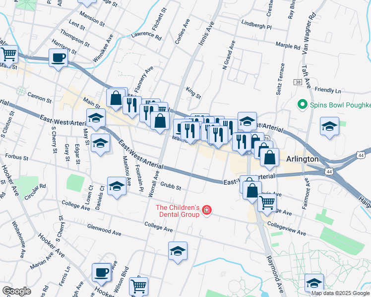 map of restaurants, bars, coffee shops, grocery stores, and more near 730 A Main Street in Poughkeepsie