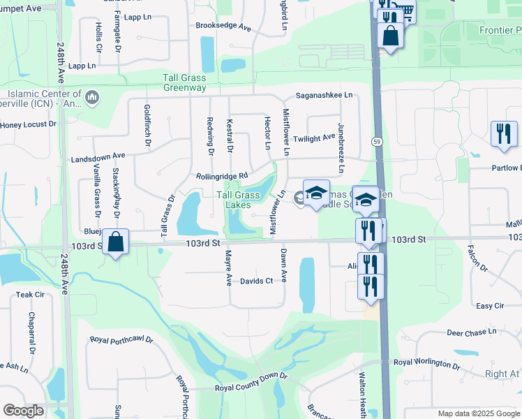 map of restaurants, bars, coffee shops, grocery stores, and more near 3307 Danlaur Court in Naperville