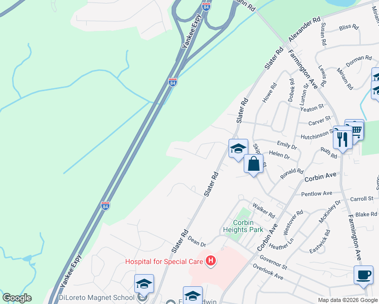 map of restaurants, bars, coffee shops, grocery stores, and more near 85 Royal Oak Road in New Britain