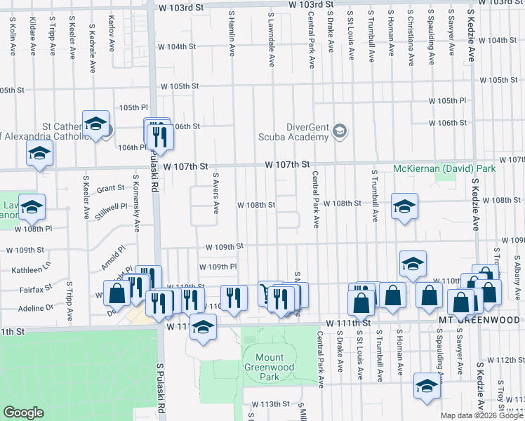 map of restaurants, bars, coffee shops, grocery stores, and more near 10757 South Ridgeway Avenue in Chicago