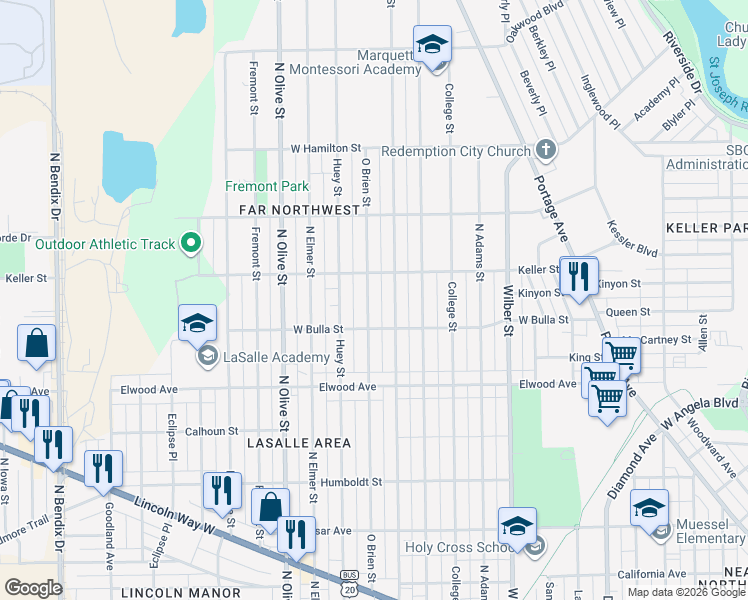 map of restaurants, bars, coffee shops, grocery stores, and more near 1646 O Brien Street in South Bend