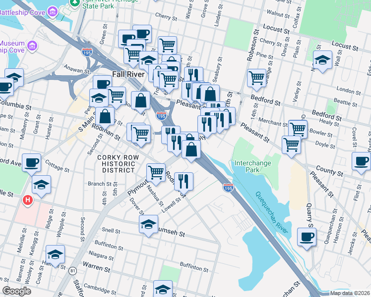 map of restaurants, bars, coffee shops, grocery stores, and more near in Fall River