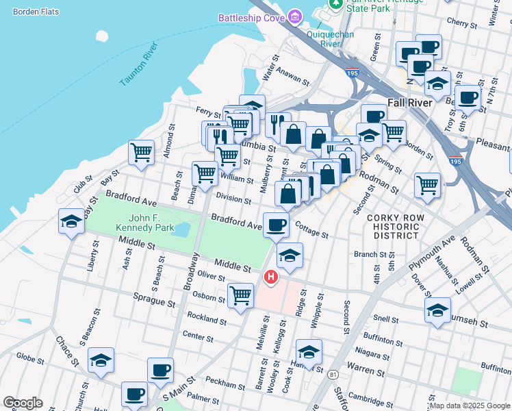 map of restaurants, bars, coffee shops, grocery stores, and more near 306 Mulberry Street in Fall River