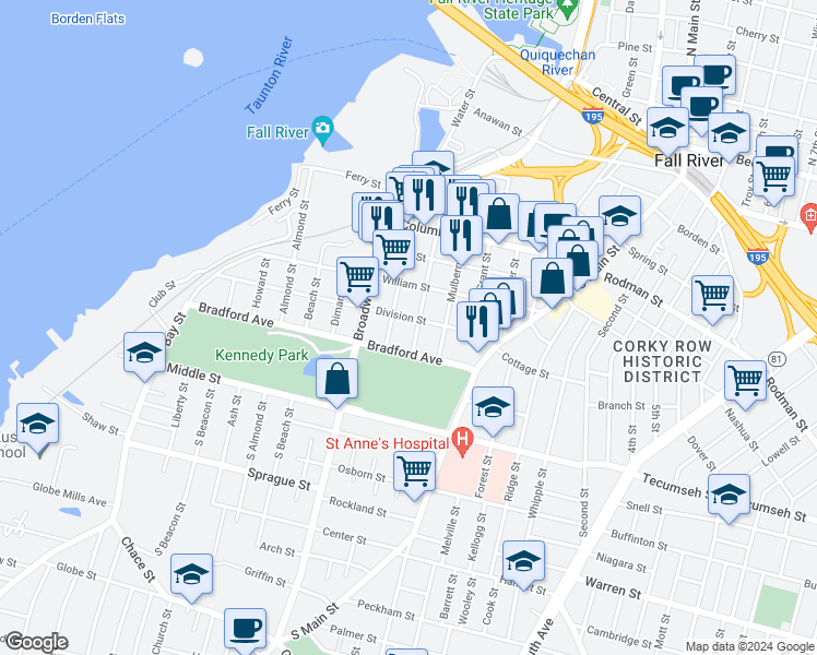 map of restaurants, bars, coffee shops, grocery stores, and more near 424 Division Street in Fall River