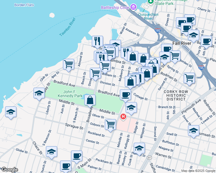 map of restaurants, bars, coffee shops, grocery stores, and more near 424 Division Street in Fall River