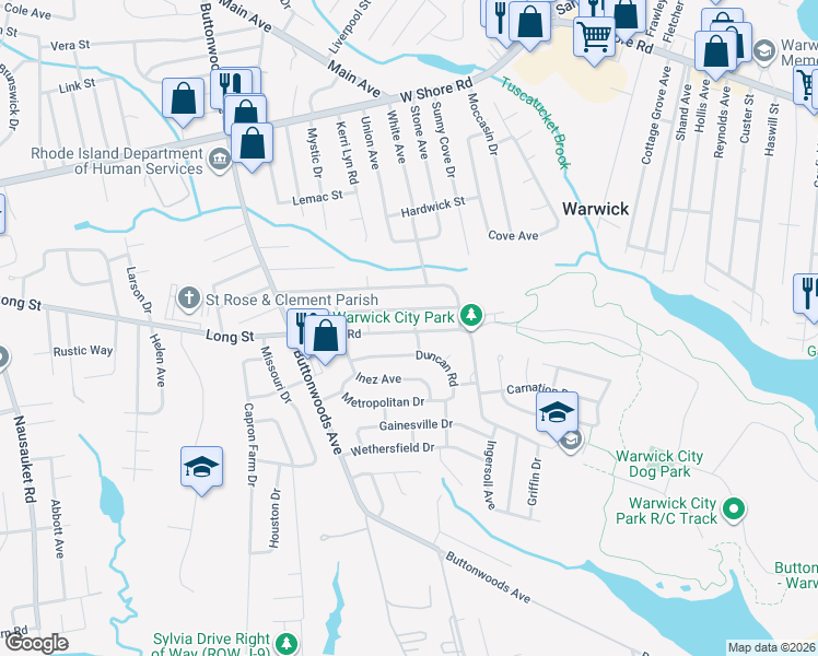 map of restaurants, bars, coffee shops, grocery stores, and more near 86 Wellington Avenue in Warwick