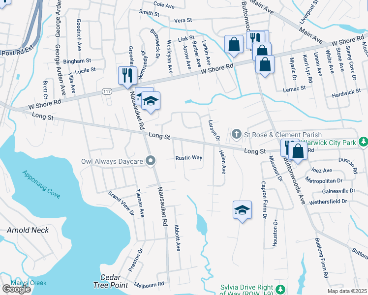 map of restaurants, bars, coffee shops, grocery stores, and more near 211 Long Street in Warwick