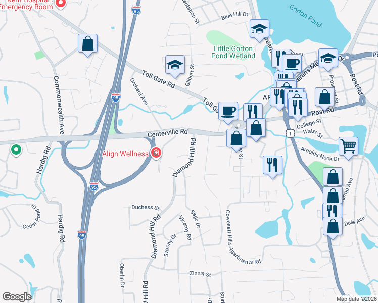 map of restaurants, bars, coffee shops, grocery stores, and more near 200 Centerville Road in Warwick