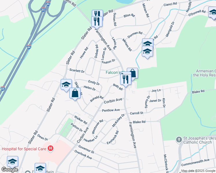 map of restaurants, bars, coffee shops, grocery stores, and more near 59 Ruth Road in New Britain