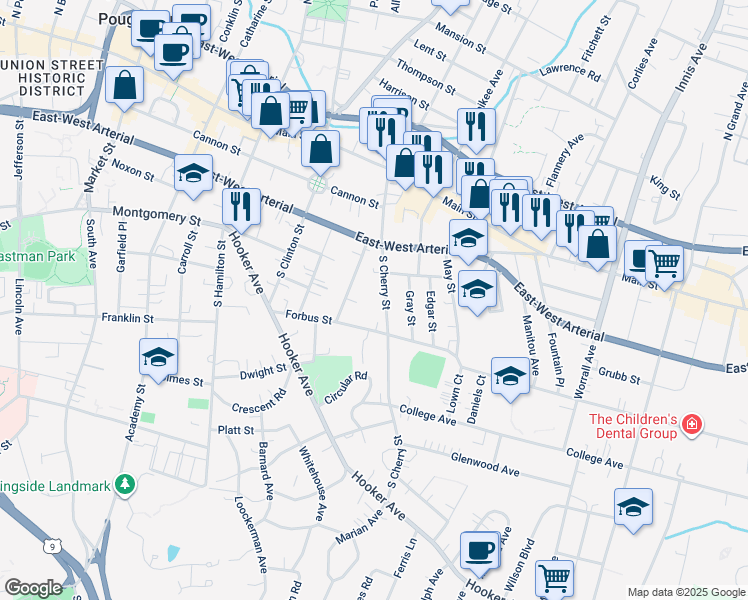 map of restaurants, bars, coffee shops, grocery stores, and more near 101 South Cherry Street in Poughkeepsie