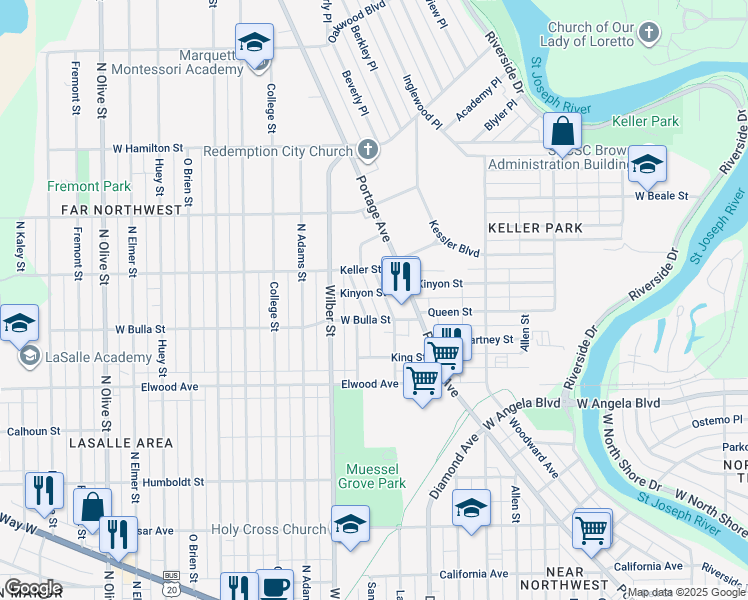 map of restaurants, bars, coffee shops, grocery stores, and more near 1517-1529 Kinyon Street in South Bend