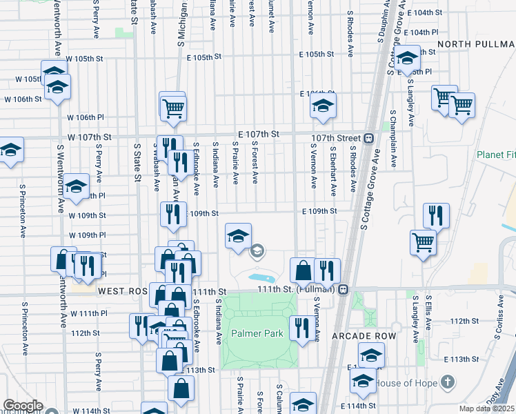 map of restaurants, bars, coffee shops, grocery stores, and more near 10840 South Forest Avenue in Chicago