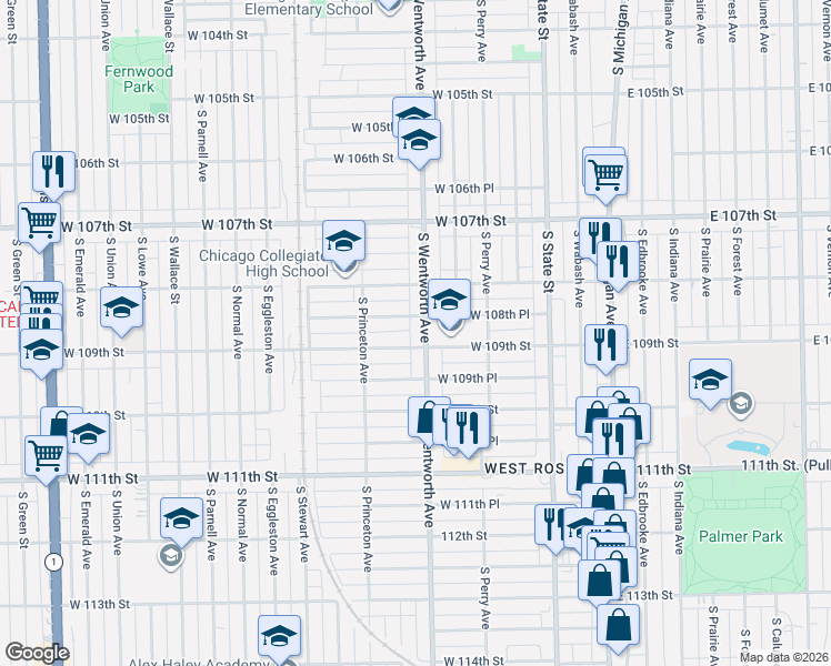 map of restaurants, bars, coffee shops, grocery stores, and more near 10832 South Wentworth Avenue in Chicago