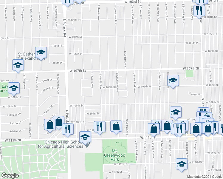 map of restaurants, bars, coffee shops, grocery stores, and more near 10757 South Ridgeway Avenue in Chicago