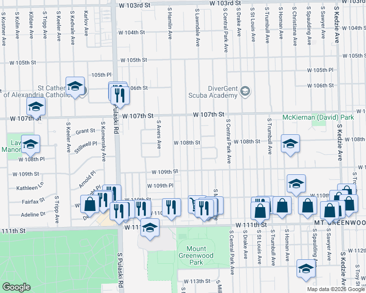 map of restaurants, bars, coffee shops, grocery stores, and more near 10759 South Hamlin Avenue in Chicago