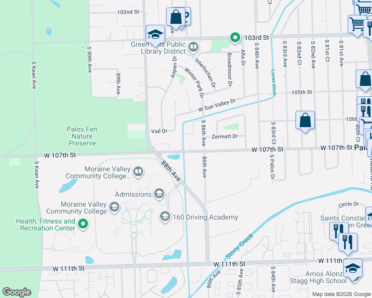 map of restaurants, bars, coffee shops, grocery stores, and more near 10675 Granada Court in Palos Hills