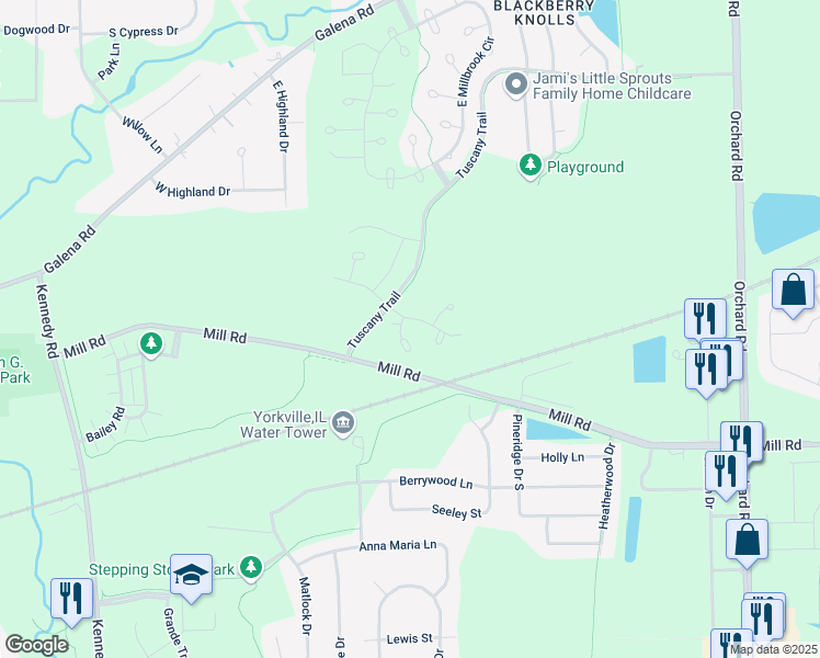 map of restaurants, bars, coffee shops, grocery stores, and more near 3902 Preston Drive in Yorkville