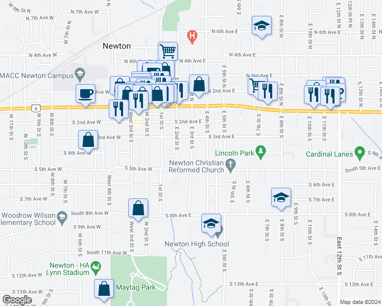 map of restaurants, bars, coffee shops, grocery stores, and more near 320 East 3rd Street South in Newton