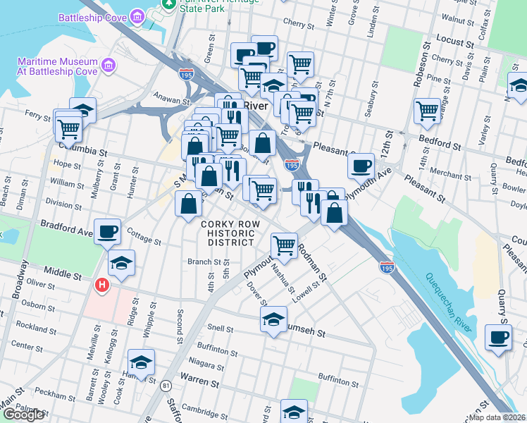 map of restaurants, bars, coffee shops, grocery stores, and more near 48 John Street in Fall River